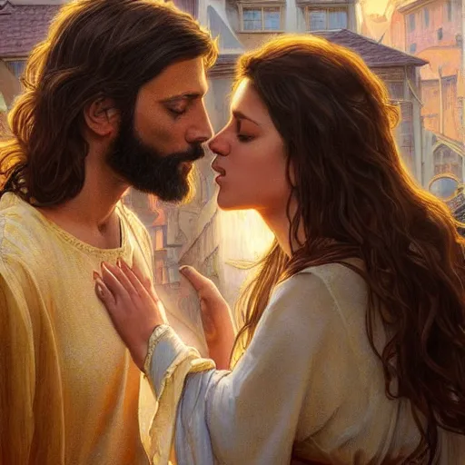 Image similar to jesus kissing a woman in a street, elegant, highly detailed, digital painting, artstation, concept art, matte, sharp focus, highly detailed, 4 k, hdr, smooth, sharp focus, high resolution, award - winning photo, photorealistic, art by artgerm and greg rutkowski and alphonse mucha, large shot