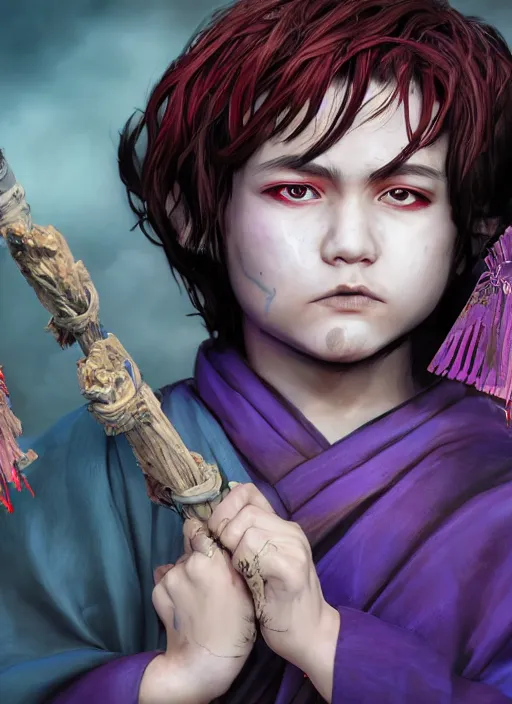 Prompt: An epic fantasy comic book style portrait painting of a young boy with straight indigo hair, purple eyes with red eye markers, slim body, wearing a detailed Japanese kimono with traits of the god Fuujin, holding a pair of fans. Unreal 5, DAZ, hyperrealistic, octane render, cosplay, RPG portrait, dynamic lighting