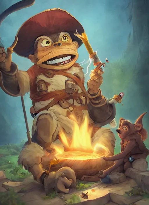 Image similar to studio ghibli pathfinder 2 e bestiary digital illustration of a goblin mixed with a monkey smoking a cigar, pirate themed, character portrait, unreal engine, hyper realism, realistic shading, cinematic composition, realistic render, octane render, detailed textures, studio lighting, photorealistic, wide shot