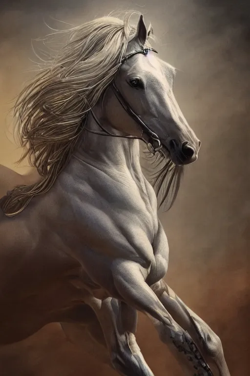 Image similar to 3 quarter view photography portrait of a prince stalion horse , organed, tatooed, intricate details, muscles, elegant, divine, illustrated by greg rutkowski and Akira Saito and Peter mohrbacher, 4k,