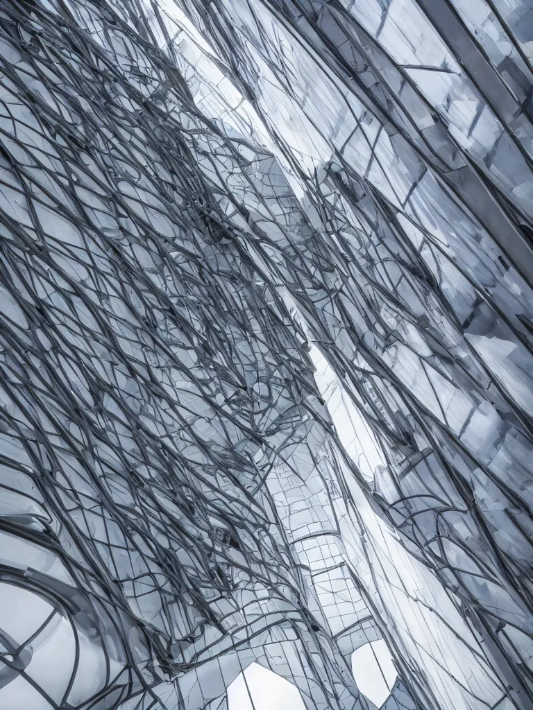 Image similar to a photograph of a building designed by Zaha Hadid, view from ground level