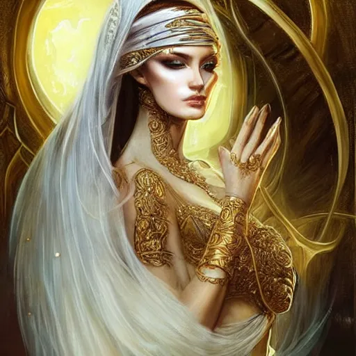 Image similar to a beautiful woman wearing a white niqab made of silk with golden jewelry and diamonds by alex gray and android jones, karol bak, ayami kojima, arabian, concept art, fantasy