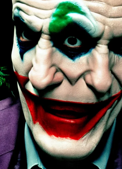 Prompt: film still of Robin Williams as The Joker in The Dark Knight, 4k