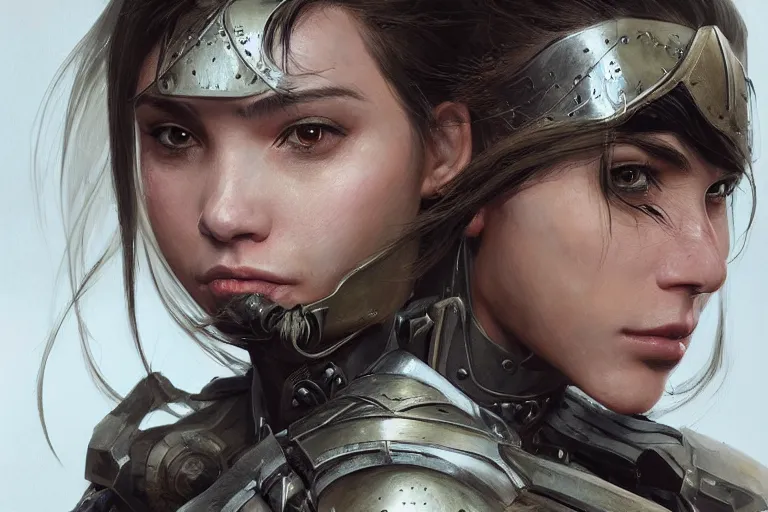 Image similar to a full-face portrait of an attractive young woman, clothed in battle armor, olive skin, long dark hair, beautiful bone structure, symmetrical facial features, intricate, elegant, highly detailed, digital painting, trending on Artstation, concept art, smooth, sharp focus, illustration, from Metal Gear by Ruan Jia and Mandy Jurgens and Artgerm and and william-adolphe bouguerea, award winning