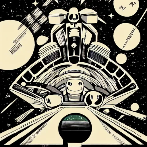 Image similar to colorful mcbess style interstellar war