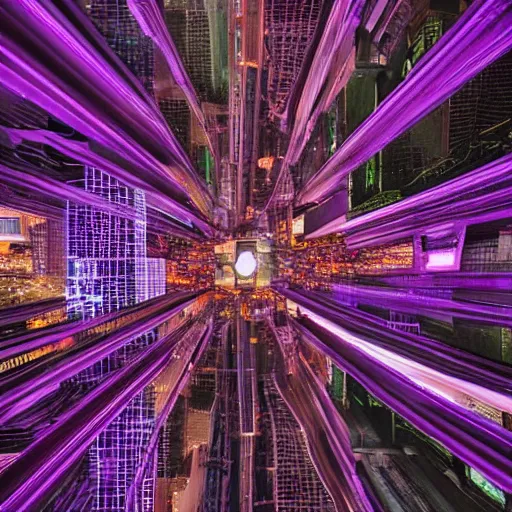 Image similar to Abstract purple images representing connected cities and buildings ,Traffic with light trails, from different perspectives interesting or unusual angles ,Perspective that looks up at buildings from below ,Evening or night cityscapes of buildings and roads from aerial or elevated view ,Evening or night cityscapes captured from human eye level ,Abstract facades of buildings ,Urban city view with unique angles