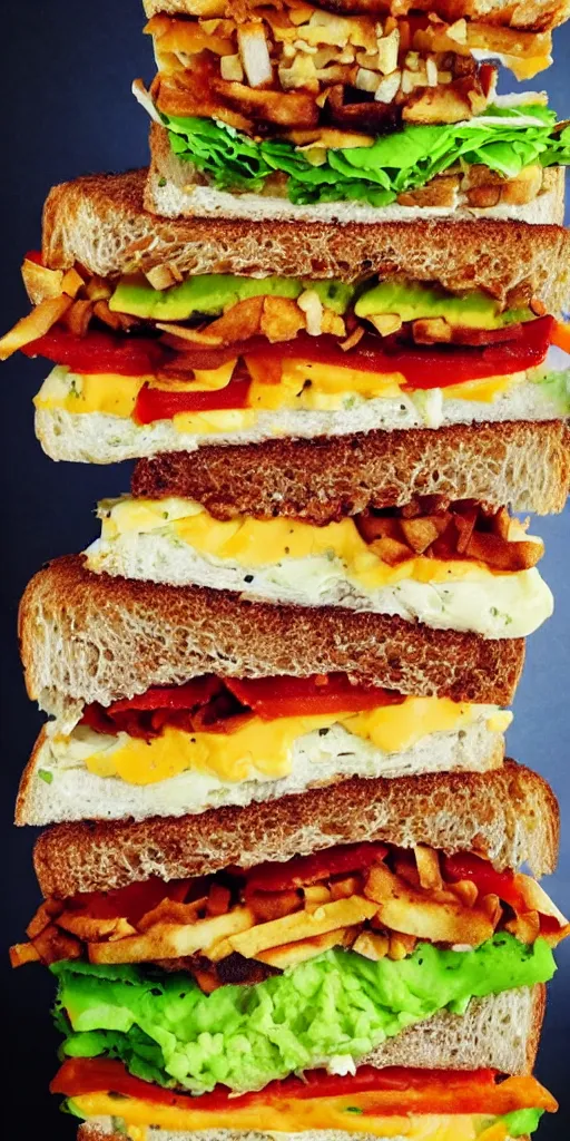 Image similar to the most tall sandwich with fried tofu, one red tomato slice, mayo, onion, avocado, melted cheddar, red dish, background : jupiter and stars in the sky