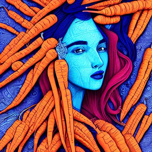 Image similar to a beautiful head of a woman partially made of carrots and blueberries, an ultrafine detailed illustration by james jean, intricate linework, bright colors, behance contest winner, vanitas, angular, altermodern, unreal engine 5 highly rendered, global illumination, radiant light, detailed and intricate environment