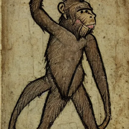 Prompt: medieval drawing of a war monkey