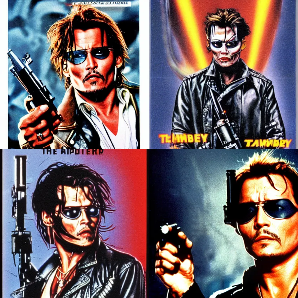 Prompt: johnny depp as The Terminator, vhs cover , 1992