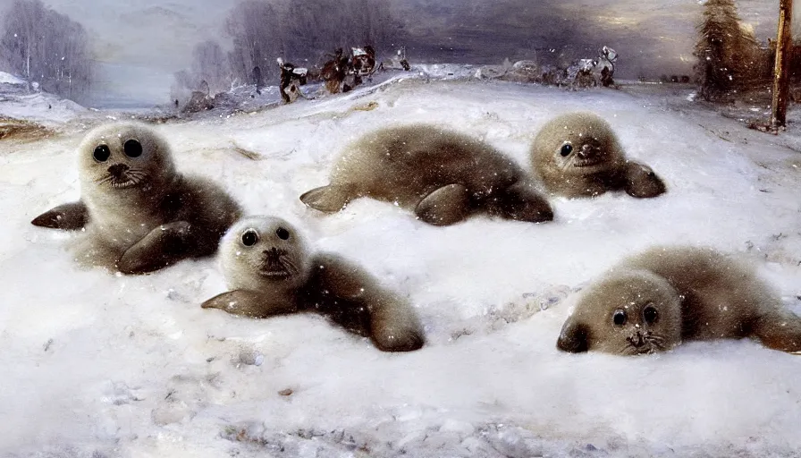 Image similar to highly detailed closeup painting of cute furry white baby seals inside a snowy playpark by william turner, by greg rutkowski, by william constable, thick brush strokes and visible paint layers, 4 k resolution