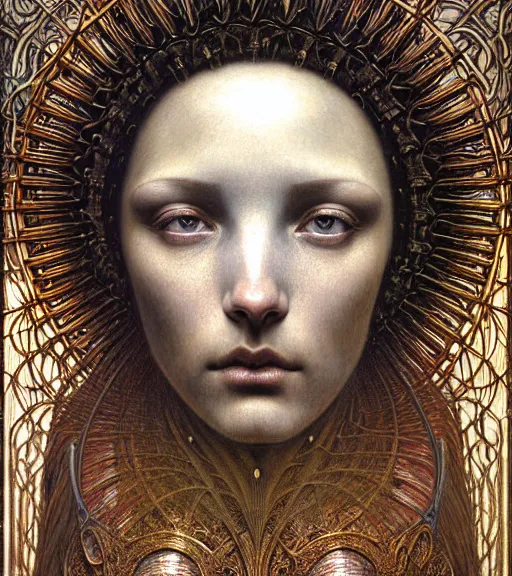 Image similar to detailed realistic beautiful young medieval robot face portrait by jean delville, gustave dore and marco mazzoni, art nouveau, symbolist, visionary, gothic, pre - raphaelite. horizontal symmetry by zdzisław beksinski, iris van herpen, raymond swanland and alphonse mucha. highly detailed, hyper - real, beautiful