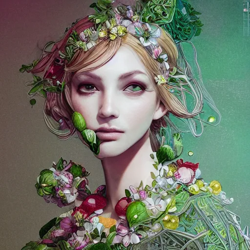 Prompt: the portrait of an absurdly beautiful, graceful, elegant, sophisticated, innocent woman made of strawberries and green petals looking up, an ultrafine hyperdetailed illustration by kim jung gi, irakli nadar, intricate linework, bright colors, octopath traveler, final fantasy, unreal engine 5 highly rendered, global illumination, radiant light, detailed and intricate environment