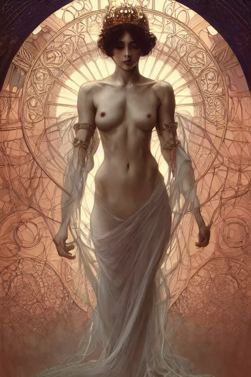 Image similar to a full body portrait of a beautiful ethereal delicate mage queen meditative sacral pose catholic stages of the cross, intricate, elegant, highly detailed, digital painting, artstation, concept art, smooth, sharp focus, illustration, art by krenz cushart and artem demura and alphonse mucha