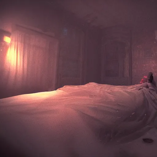 Image similar to Sleep paralysis dream, horror, eldritch , 8K, concept art, DSLR, filmic, HDR, hyperrealism, Unreal Engine, volumetric lighting, Dark art