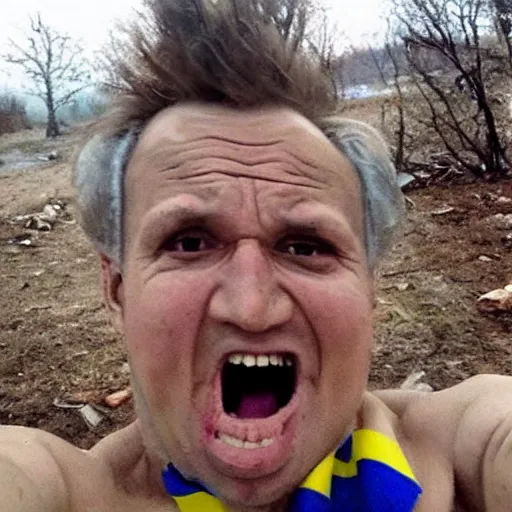 Image similar to last selfie of last alive of frightened funny ukrainian is trying to escape, badly injured from radiation from a huge nuclear explosion, a nuclear missile flies right at him