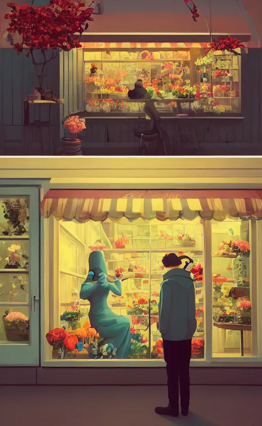 Image similar to cute cozy flower shop, surreal illustration, by atey ghailan and escher and edward hopper