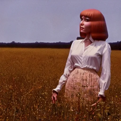 Image similar to a 1 9 7 7 beautiful woman and a 3 d rendering of an anthropomorphic apple in a meadow, color film still 1 9 7 7, tarkovsky