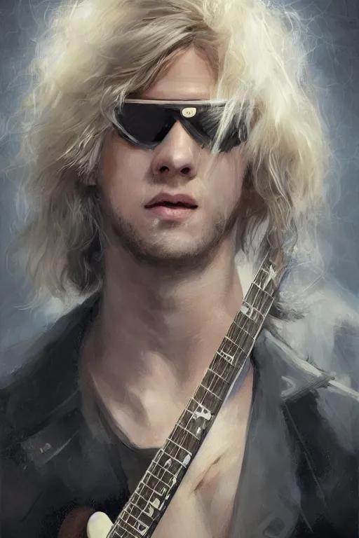 Image similar to blonde wild hair boy with eye - patch playing fender stratocaster, close - up portrait, plain white tshirt, powerfull, intricate, elegant, volumetric lighting, scenery, digital painting, highly detailed, artstation, sharp focus, illustration, concept art, ruan jia, steve mccurry