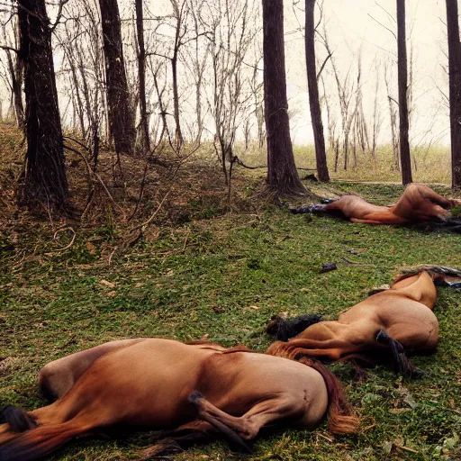 Image similar to two dead horses'body lying on the woods'path, and each horse body has some arrow on it, photo, 8 k