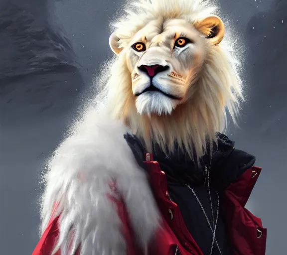 Image similar to commission portrait of a male anthro albino lion wearing a red-black puffer jacket.dramatic,character design by charles bowater,greg rutkowski,ross tran,hyperdetailed,hyperrealistic,4k,deviantart,artstation,professional photography,concept art