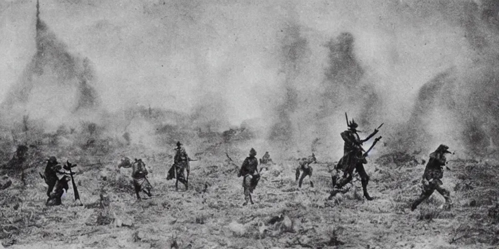 Image similar to scary unproportionable tall ghost creature in the middle of a battlefield, 1900s picture