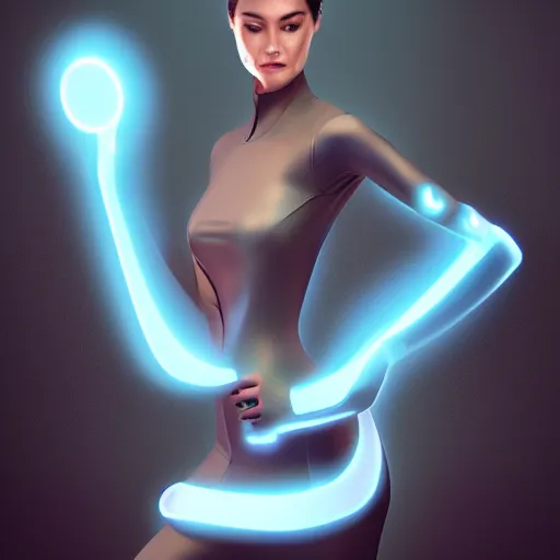 Image similar to a woman in a futuristic suit holding a glowing light, a computer rendering by Artgerm, featured on cgsociety, afrofuturism, daz3d, zbrush, futuristic