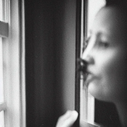 Image similar to black and white photograph portrait of a depressed 35 years old woman standing by the window, natural light, lomo, film grain, soft vignette, sigma 85mm f/1.4 1/10 sec shutter