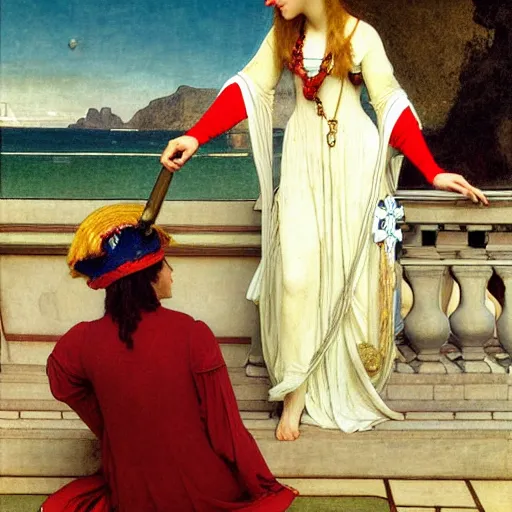 Image similar to A girl with jester hat and clothes on the front of a Balustrade with a beach on the background, major arcana clothes, by paul delaroche, alphonse mucha and arnold böcklin arnold böcklin hyperrealistic 8k, very detailed