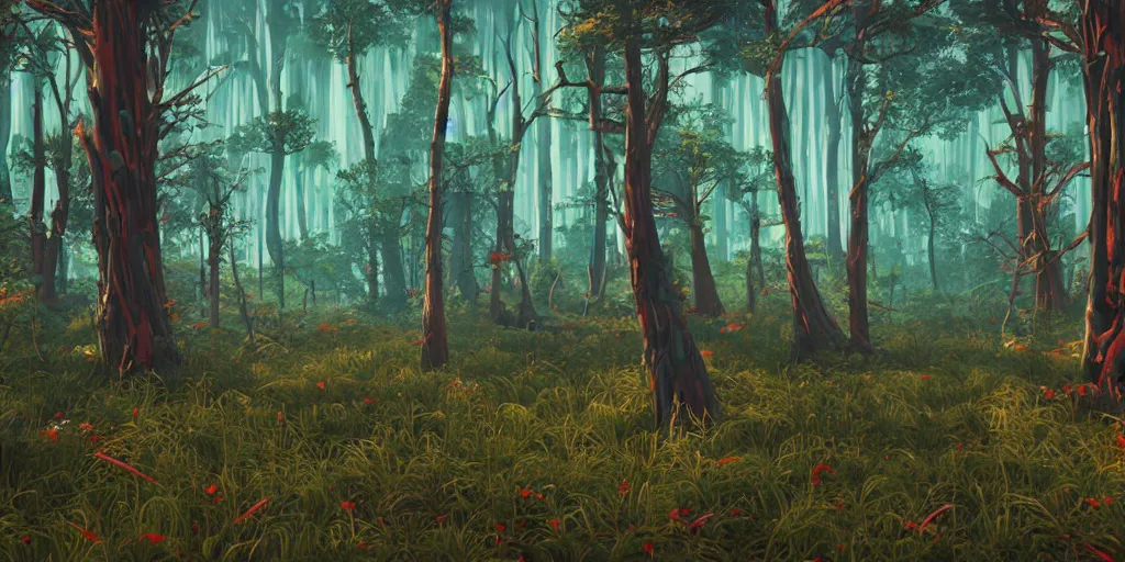 Image similar to abstract 3d landscape forest painting by james jean and David Schnell with 100 year old trees painted in no mans sky style, redshift, octane