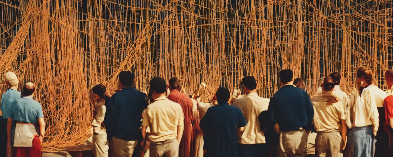 Prompt: a group of people praying to a giant spaghetti deity, canon 5 0 mm, cinematic lighting, photography, retro, film, kodachrome