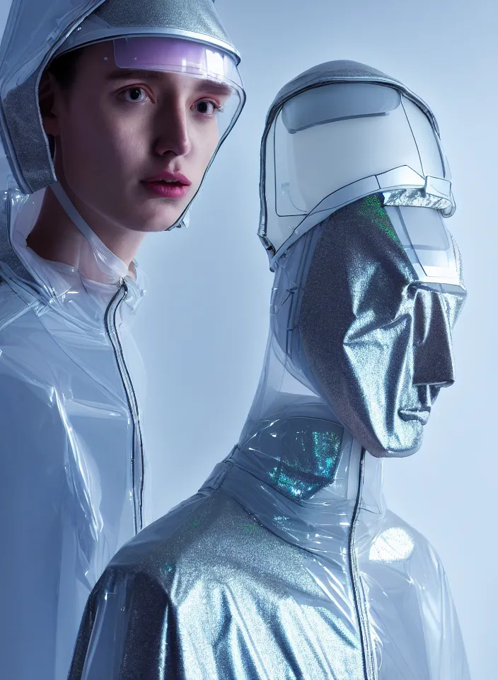 Image similar to an ultra high definition professional studio quality photograph of an artificially intelligent android influencer with silver skin wearing a transparent iridescent pastel coloured visor and matching wavey raincoat on white hook in a sheer icelandic black rock environment. three point light. dramatic lighting. volumetric shadows. light rays