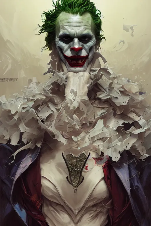 Image similar to portrait of the joker, forest, godlike, full body, fantasy, intricate, elegant, highly detailed, digital painting, artstation, concept art, sharp focus, illustration, art by artgerm and greg rutkowski and alphonse mucha