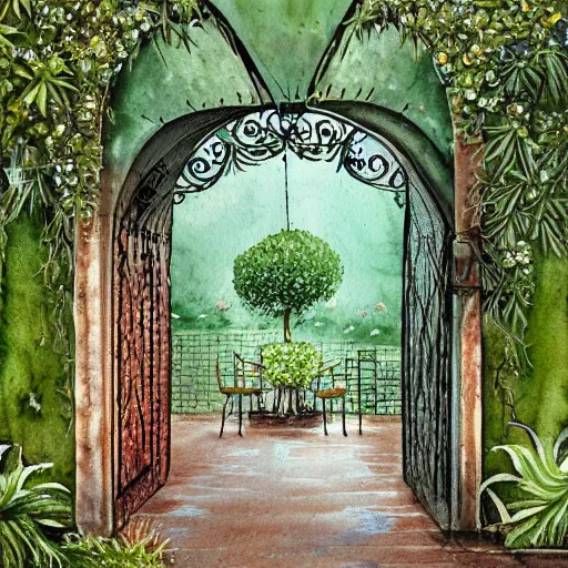 Image similar to delicate rain, symmetric artwork, chairs, garden, paved, botanic watercolors, iridescent, 8 k, realistic shaded, fine details, artstation, italian, iron gate, tree, mediterranean, marvelous