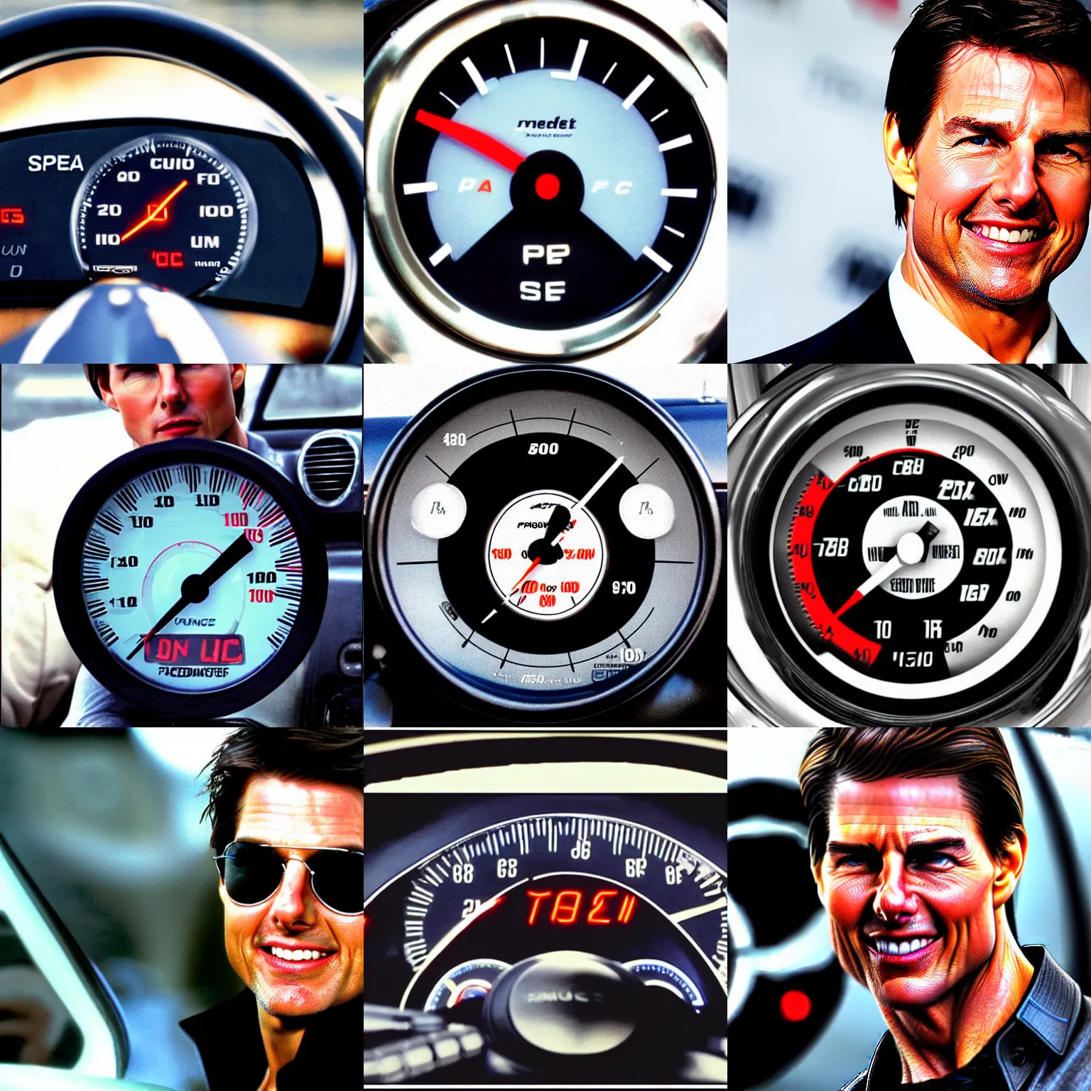 Prompt: tom cruise's face in a car speedometer, tom cruise mph guage, speedo