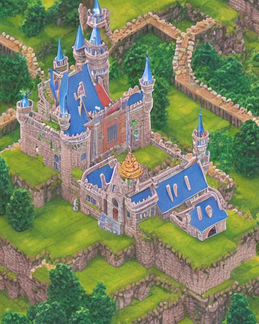 Prompt: an intricate 3d render of a castle by studio ghibli, akira toriyama and disney concept artists, isometric perspective, studio ghibli color scheme, octane, cgsociety, intricate, macro