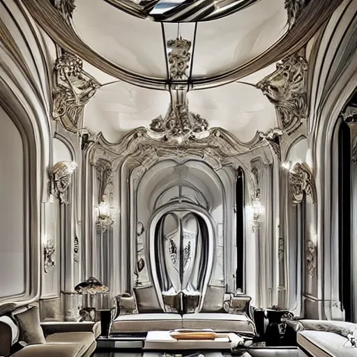 Prompt: living space designed by Zaha Hadid with baroque elements. Ultra futuristic design that combines ornate baroque with clean organic minimalist forms.. Beautiful space with epic details