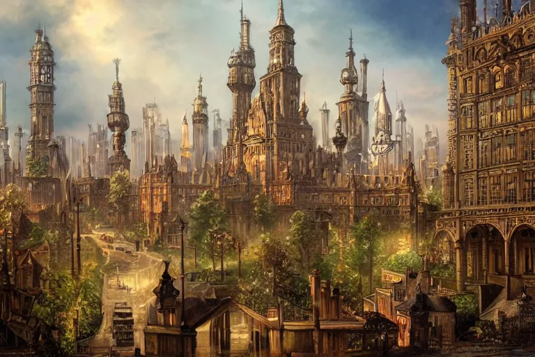 Image similar to a magnificent fantasy city. victorian-theme. photorealism.