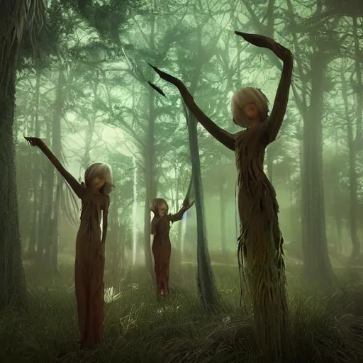 Prompt: forest spirits by Aya Takano as 3d octane render, raytrace, reflections