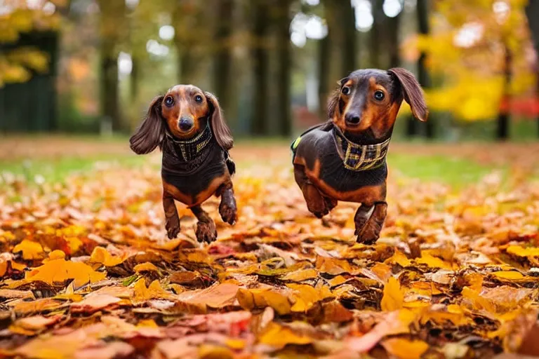 Image similar to dachshunds running towards the camera in the autumn leaves and some of the leaves are flying up into the air