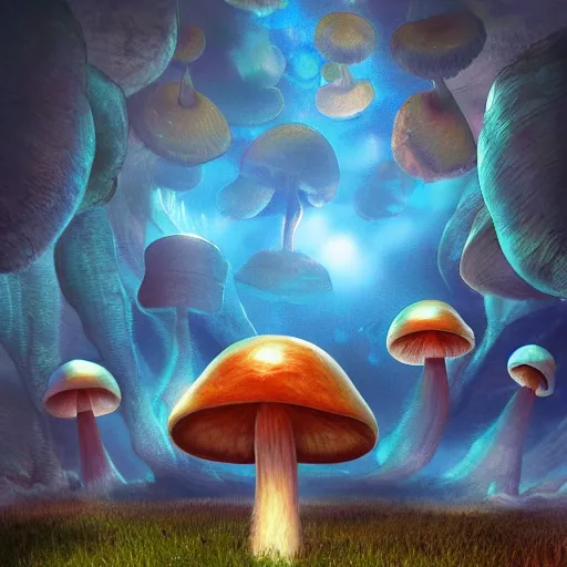 Image similar to mushrooms growing on a lost spaceship floating through the universe, 8k high definition digital art, trending on artstation