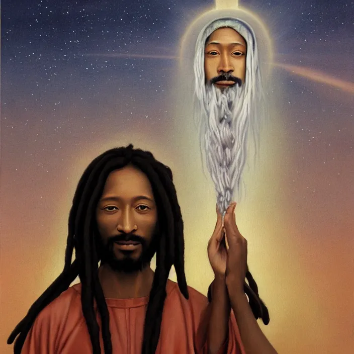 Prompt: UFO hovering around an African Jesus with dreadlocks, portrait painting by Hsiao-Ron Cheng,