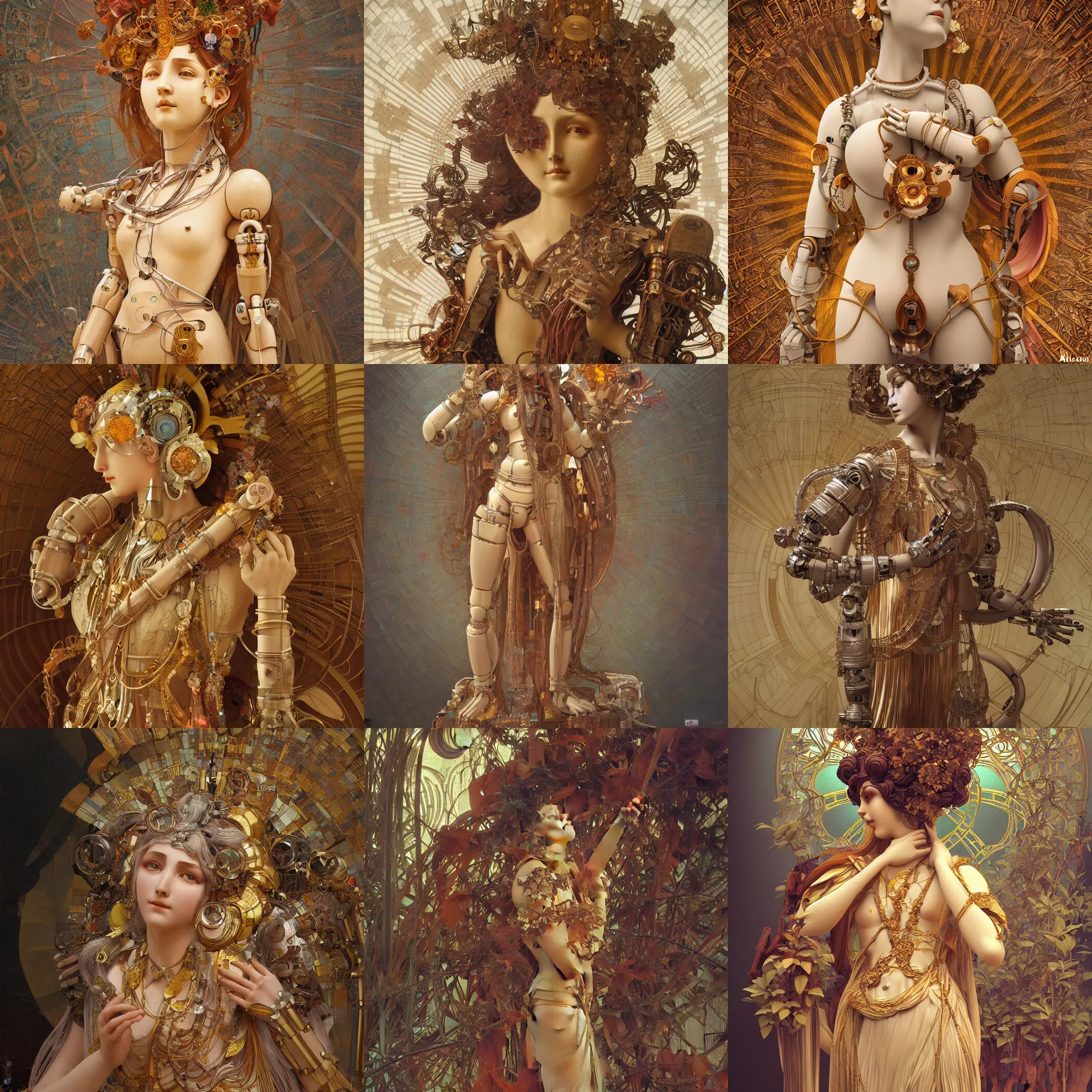 Prompt: 3 d octane render ultra photorealistic hyper detailed, a very very cute wooden mystical statue robot of the roman godess natural in a contemporary art gallery in neo tokyo artwork by alphonse mucha
