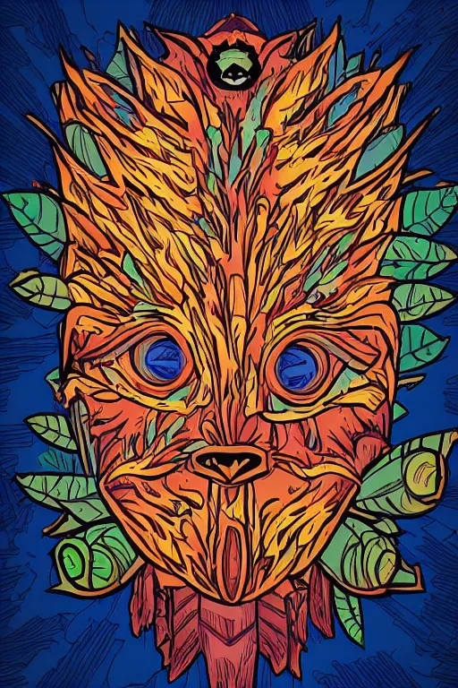 Image similar to animal mask totem roots flower tribal feather gemstone plant wood rock shaman vodoo video game vector cutout illustration vivid multicolor borderlands comics by josan gonzales and dan mumford radiating a glowing aura