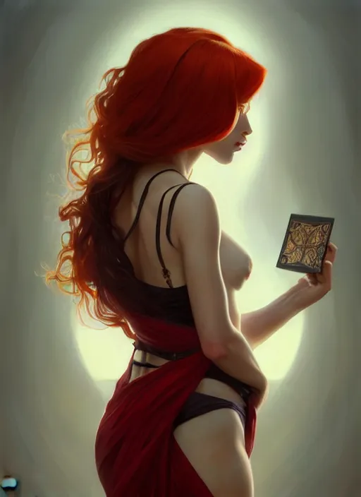 Image similar to a full body fashion photography of a girl focused over chessboard, red hair, intricate, elegant, clearly visible face, highly detailed, digital painting, artstation, concept art, smooth, sharp focus, illustration, art by artgerm and greg rutkowski and alphonse mucha, 8 k