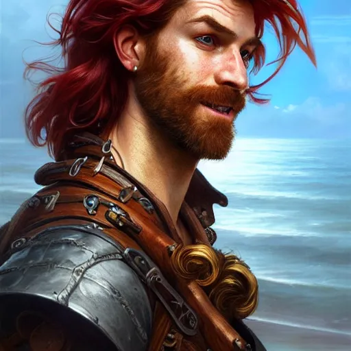 Prompt: portrait of a young ruggedly handsome but joyful pirate, male, masculine, upper body, red hair, long hair, d & d, fantasy, dirty smirk, intricate, elegant, highly detailed, digital painting, artstation, concept art, matte, sharp focus, illustration, art by artgerm and greg rutkowski and alphonse mucha