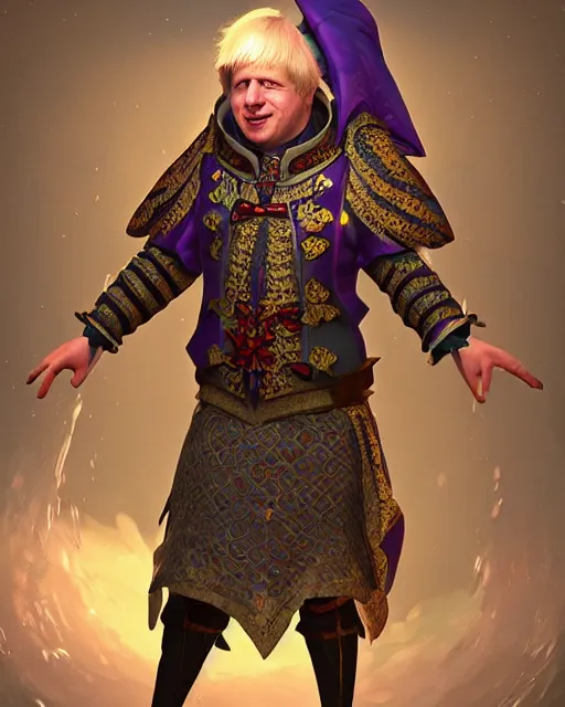 Prompt: Boris Johnson dressed as a Court Jester. Unreal engine, fantasy art by Betty Jiang. Faithfully depicted facial expression, perfect anatomy global illumination, radiant light, detailed and intricate environment