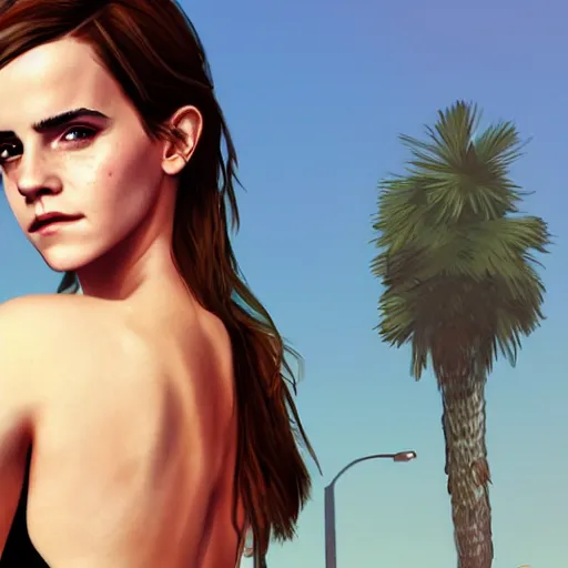 Image similar to emma watson in gta v, cover art by stephen bliss, artstation, no text