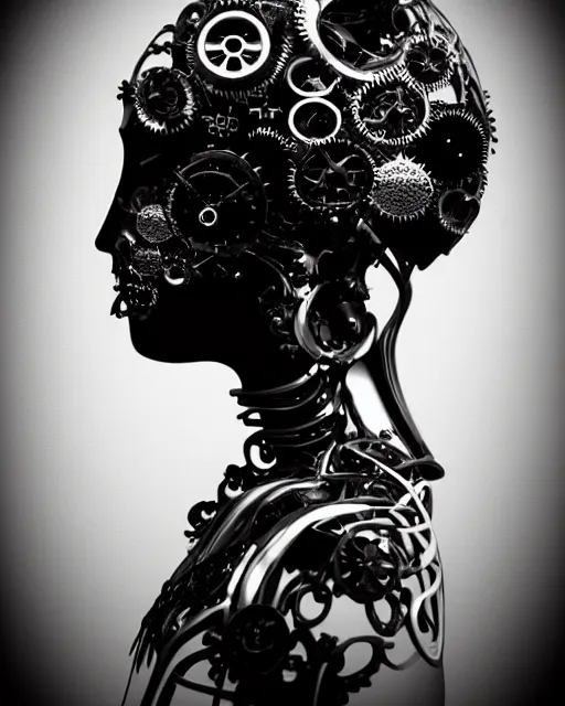 Image similar to black and white dreamy foggy smoky profile face portrait, one silver steampunk realistic eye biomechanical beautiful young female cyclope - cyborg - robot bust, body ribs meshes,, volumetric light, hibiscus flowers, by hg giger, rim light, by dora maar and cecile beaton, big gothic fashion pearl embroidered collar, 8 k