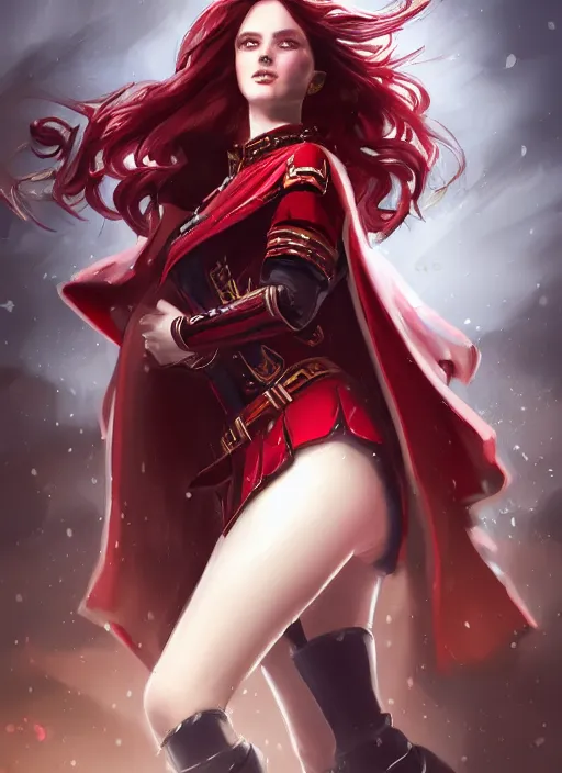 Prompt: a highly detailed illustration of beautiful long dark red haired woman wearing wine red epaulette uniform and coat cape, dramatic floating pose, strings background, intricate, elegant, highly detailed, centered, digital painting, artstation, concept art, smooth, sharp focus, league of legends concept art, wlop